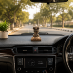 Ashoka Stambh idol placed on a car dashboard