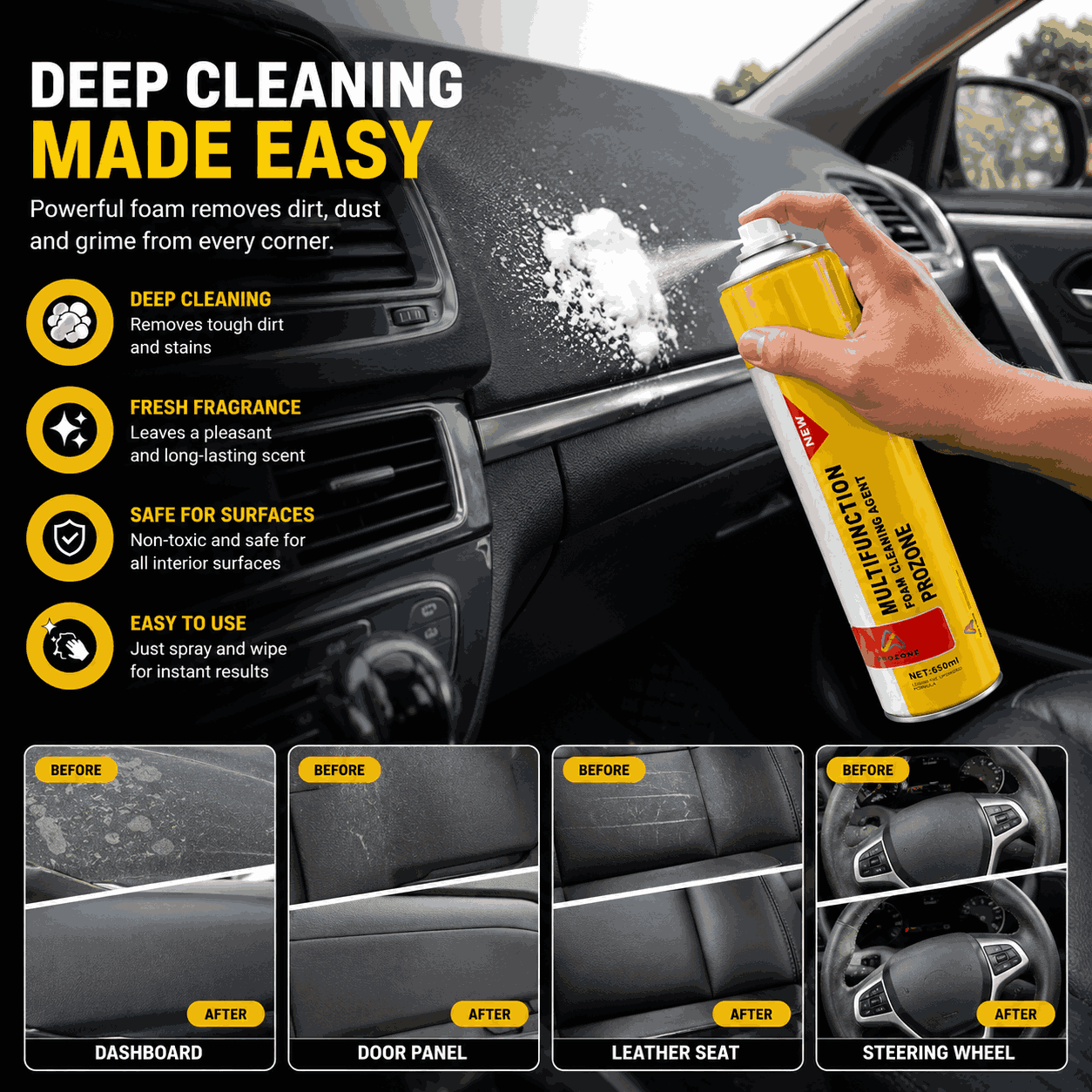 Car dashboard and upholstery foaming cleaner spray