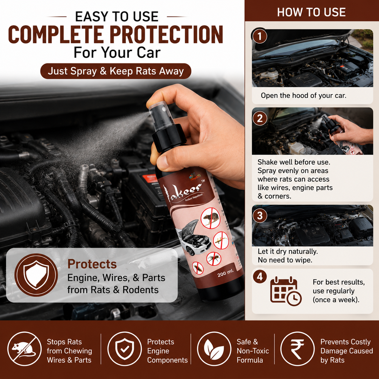 Protecting car engine wires from rat damage with repellent spray Protecting car engine wires from rat damage with repellent spray