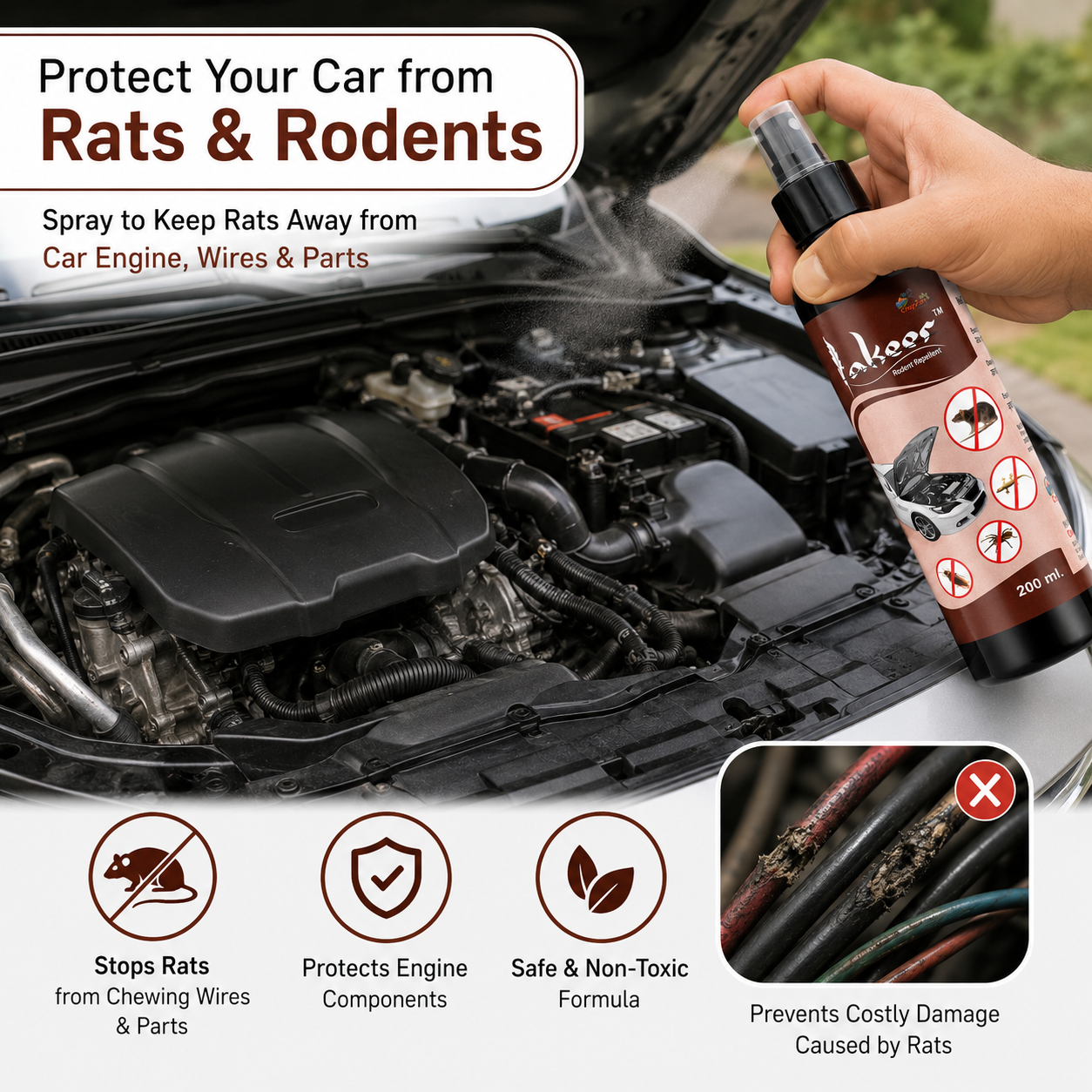 Spraying rat repellent in car engine compartment Spraying rat repellent in car engine compartment