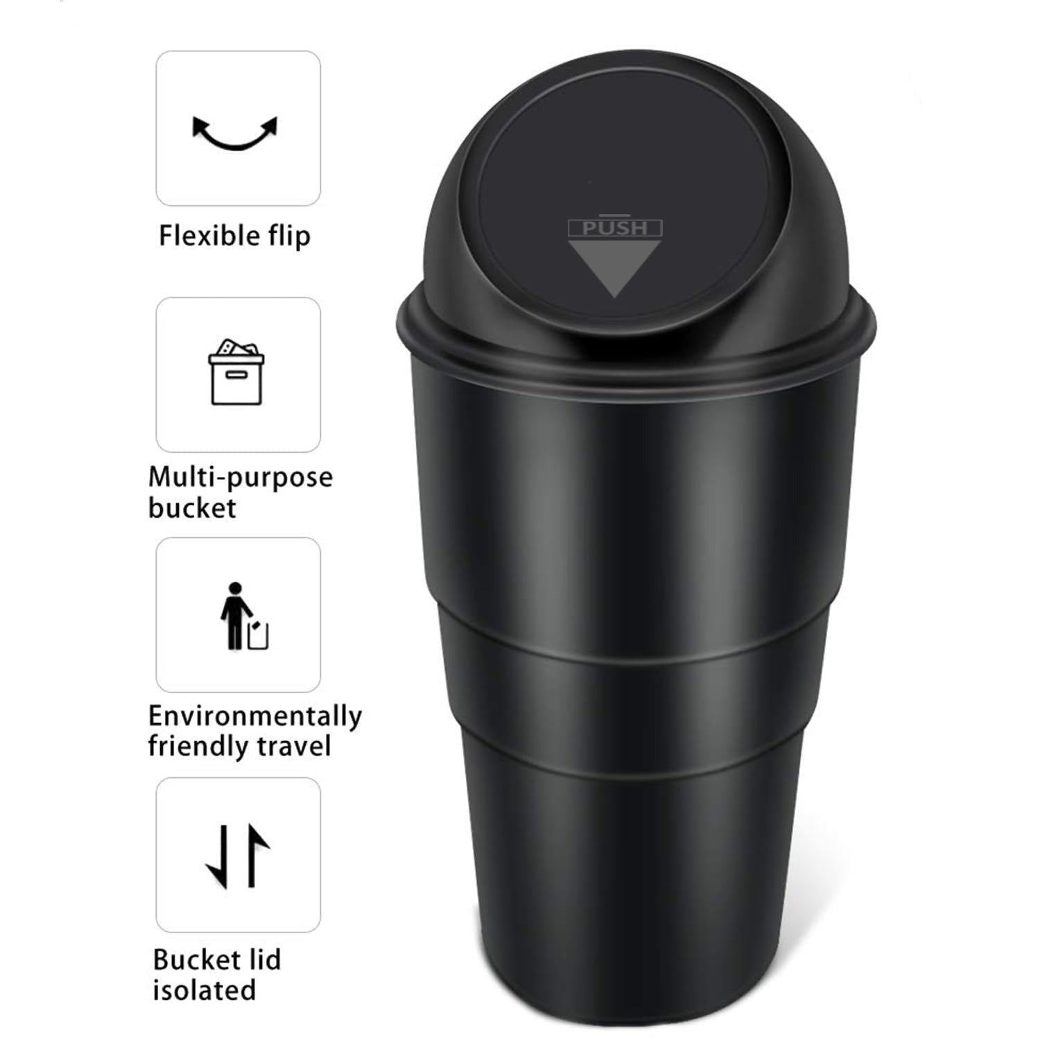 car-dustbin-black-multipurpose Black premium car dustbin with a sleek push lid on a clean white background.