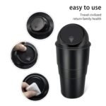 Icons highlighting the flexible flip lid, multi-purpose bucket, and odor isolation of the car dustbin.