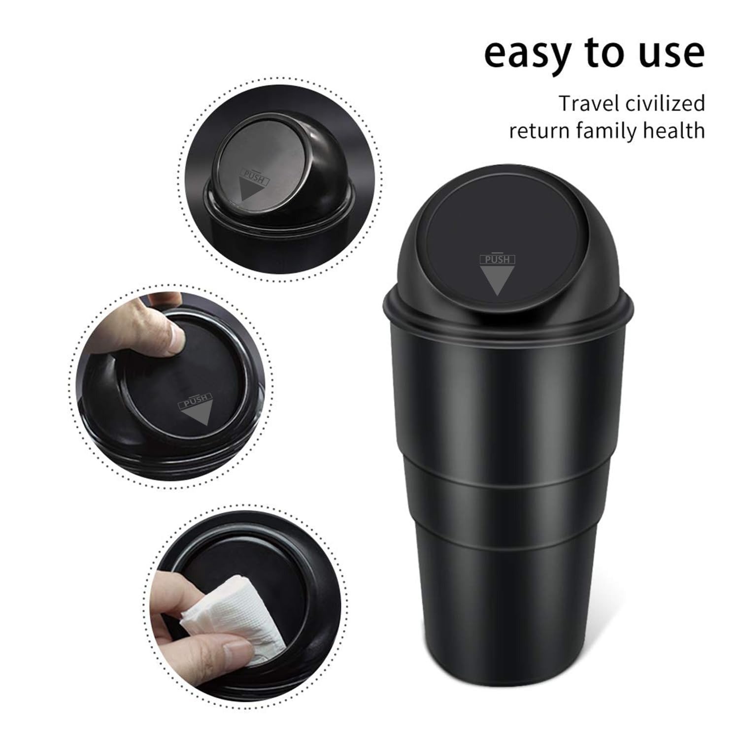 car-dustbin-features-infographic Icons highlighting the flexible flip lid, multi-purpose bucket, and odor isolation of the car dustbin.