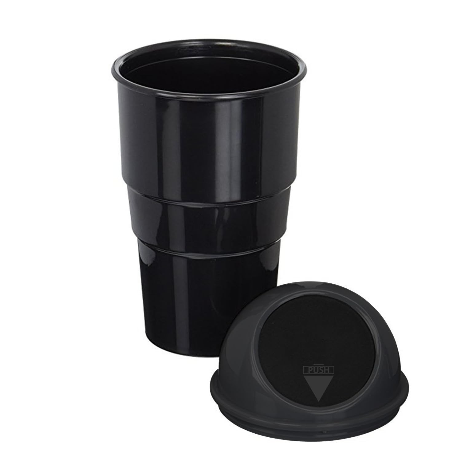 car-dustbin-in-cup-holder The portable car dustbin fitting perfectly inside a standard vehicle center console cup holder.