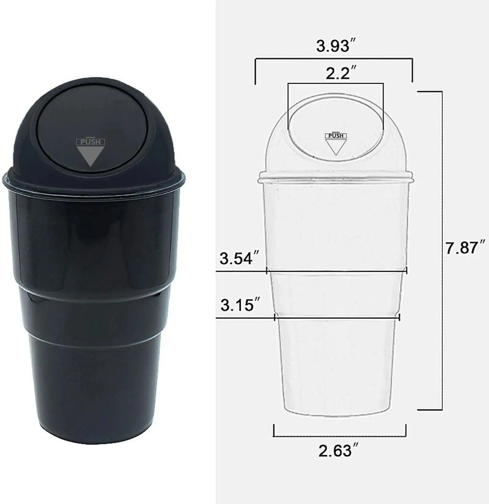 car-dustbin-size-dimensions Technical drawing showing the 7.87-inch height and 2.63-inch base width of the car dustbin.