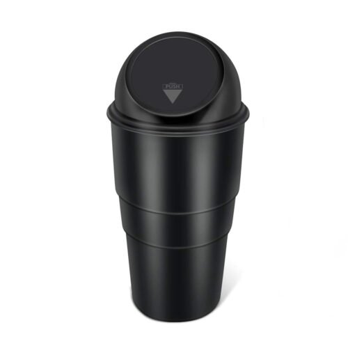 Black premium car dustbin with a sleek push lid on a clean white background.