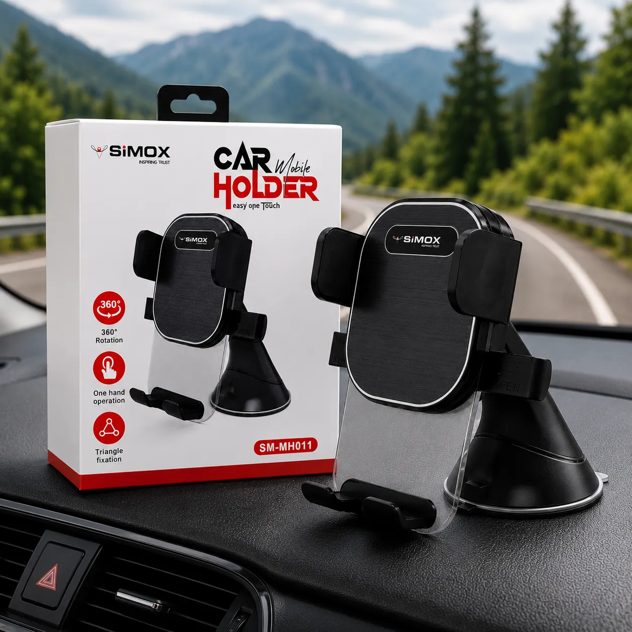 Simox premium car mobile holder displayed on a clean white background next to its retail box.
