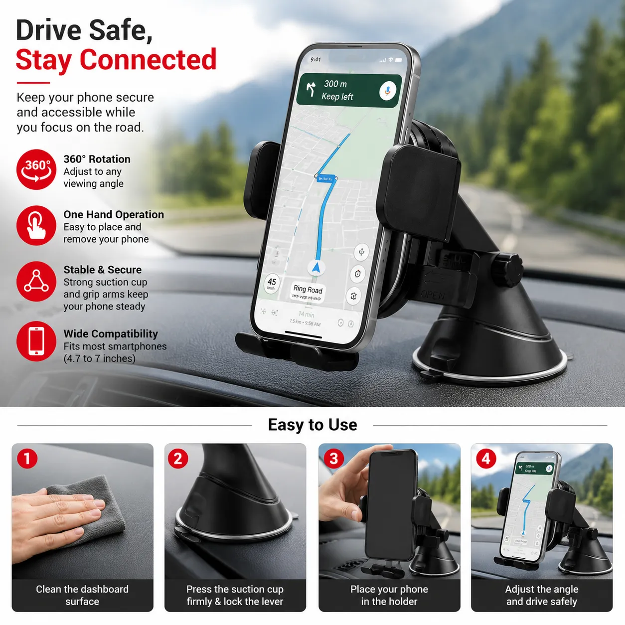 Adjustable side grips of the premium car mobile holder securing a large 7-inch smartphone.